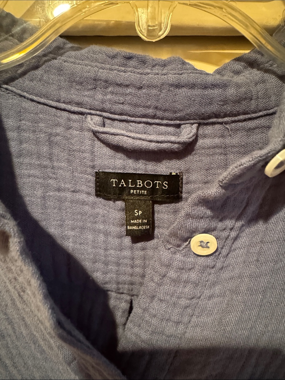 Talbots Small Petite Light Blue Textured Button-Up Top With Tab Sleeve - Picture 2 of 8